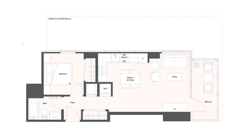 Floor plan for 1 bed, 1 bath, 564 sqft
